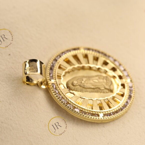 14K Solid Gold Round Virgin Mary Pendant · Guadalupe Medallion with White CZ. - Picture 4 of 8